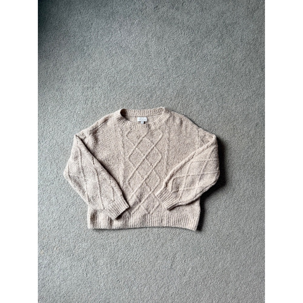 Lucky Brand Womens Small Beige Cable Knit Boucle Crewneck Pullover Sweater